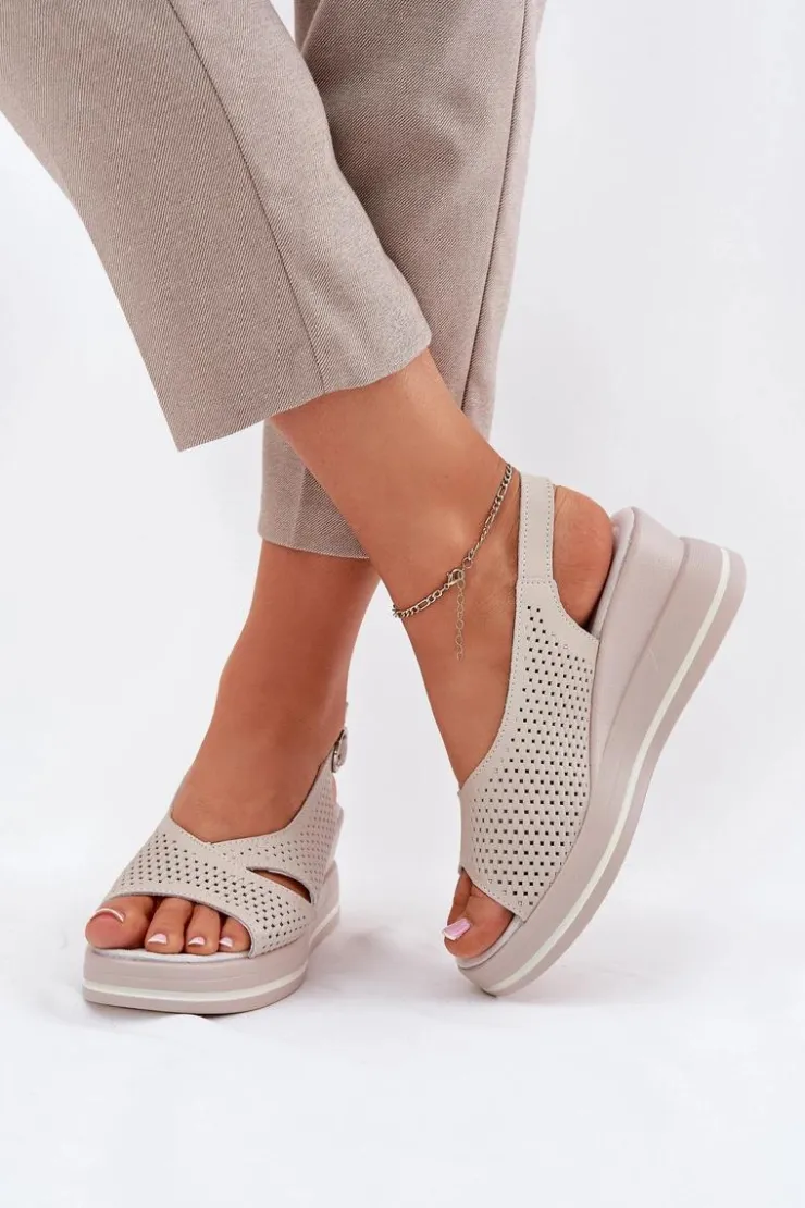 Damskie buty S.Barski Sandały Na Koturnie*Skórzane Sandały Damskie Na Koturnie S.Barski LR51-660 Beżowe