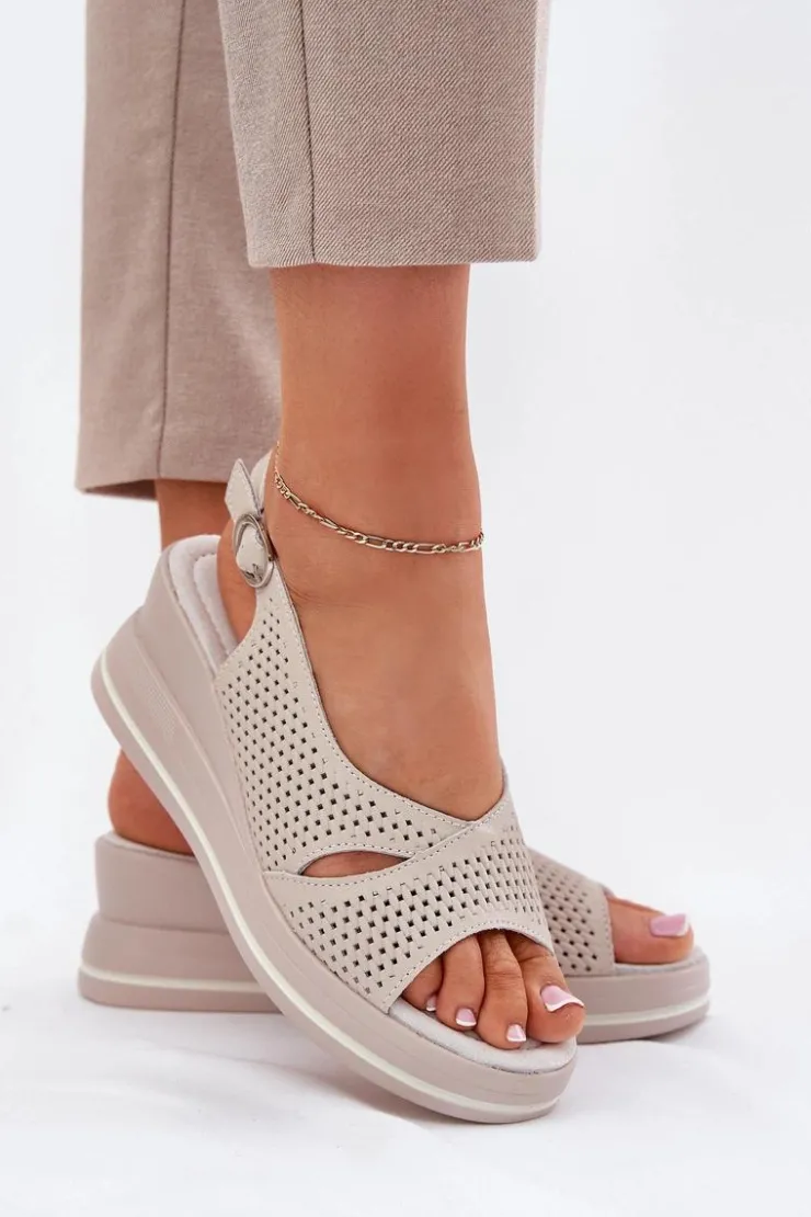 Damskie buty S.Barski Sandały Na Koturnie*Skórzane Sandały Damskie Na Koturnie S.Barski LR51-660 Beżowe