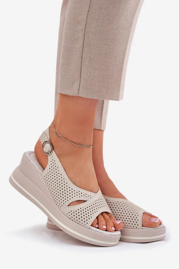 Damskie buty S.Barski Sandały Na Koturnie*Skórzane Sandały Damskie Na Koturnie S.Barski LR51-660 Beżowe