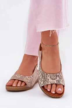 Discount Maciejka Skórzane Sandały Damskie Na Koturnie L7069-04 Beżowe Beżowy