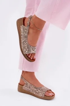 Discount Maciejka Skórzane Sandały Damskie Na Koturnie L7069-04 Beżowe Beżowy
