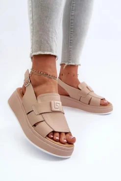 Outlet Evento Skórzane Sandały Damskie Na Platformie I Koturnie Ciemnobeżowe Vivitellia