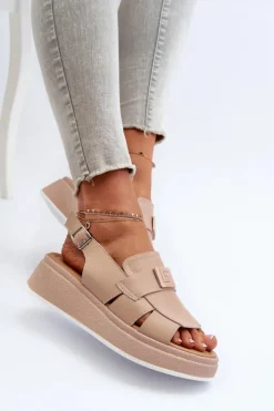 Outlet Evento Skórzane Sandały Damskie Na Platformie I Koturnie Ciemnobeżowe Vivitellia