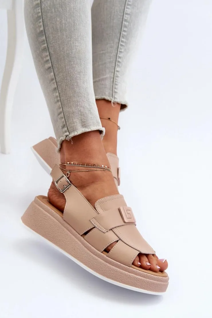 Outlet Evento Skórzane Sandały Damskie Na Platformie I Koturnie Ciemnobeżowe Vivitellia