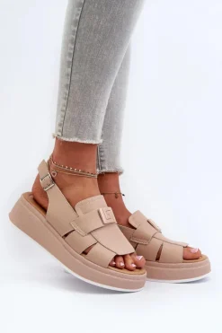 Outlet Evento Skórzane Sandały Damskie Na Platformie I Koturnie Ciemnobeżowe Vivitellia