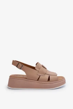 Outlet Evento Skórzane Sandały Damskie Na Platformie I Koturnie Ciemnobeżowe Vivitellia