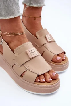 Outlet Evento Skórzane Sandały Damskie Na Platformie I Koturnie Ciemnobeżowe Vivitellia