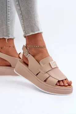 Outlet Evento Skórzane Sandały Damskie Na Platformie I Koturnie Ciemnobeżowe Vivitellia