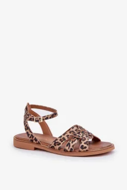 Boto Sandały Płaskie*Skórzane Sandały Damskie Na Płaskim Obcasie Panterka Zazoo 3688 Brązowe Brązowy