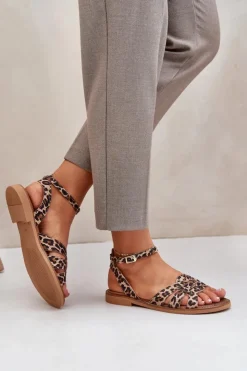Boto Sandały Płaskie*Skórzane Sandały Damskie Na Płaskim Obcasie Panterka Zazoo 3688 Brązowe Brązowy