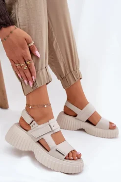 Damskie Evento Skórzane Sandały Damskie Na Platformie Beżowe Mertella