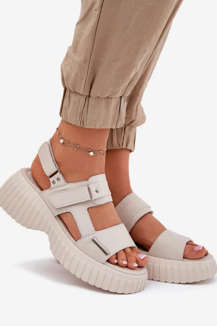 Damskie Evento Skórzane Sandały Damskie Na Platformie Beżowe Mertella