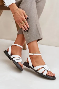 Discount Boto Skórzane Sandały Damskie Na Płaskim Obcasie Zazoo 3688 Białe Biały