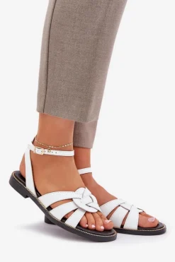 Discount Boto Skórzane Sandały Damskie Na Płaskim Obcasie Zazoo 3688 Białe Biały