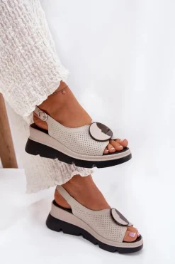 New Damskie buty S.Barski Skórzane Sandały Damskie Na Koturnie Z Ozdobą S.Barski LR51-788 Beżowe