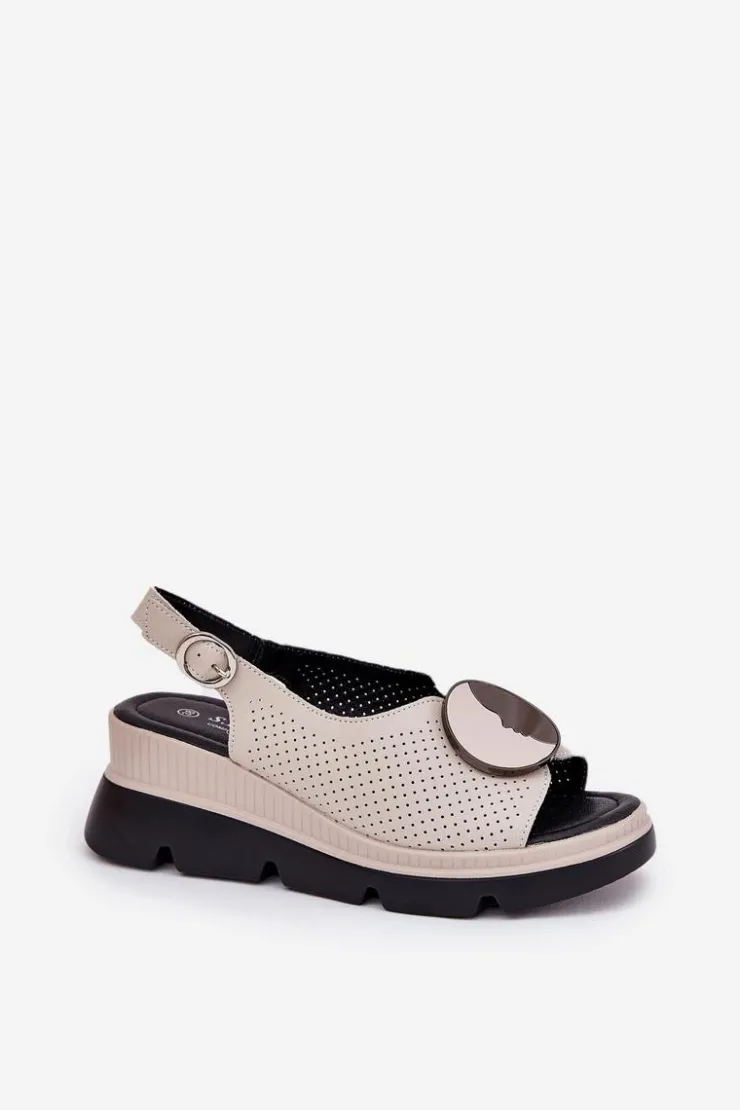 New Damskie buty S.Barski Skórzane Sandały Damskie Na Koturnie Z Ozdobą S.Barski LR51-788 Beżowe