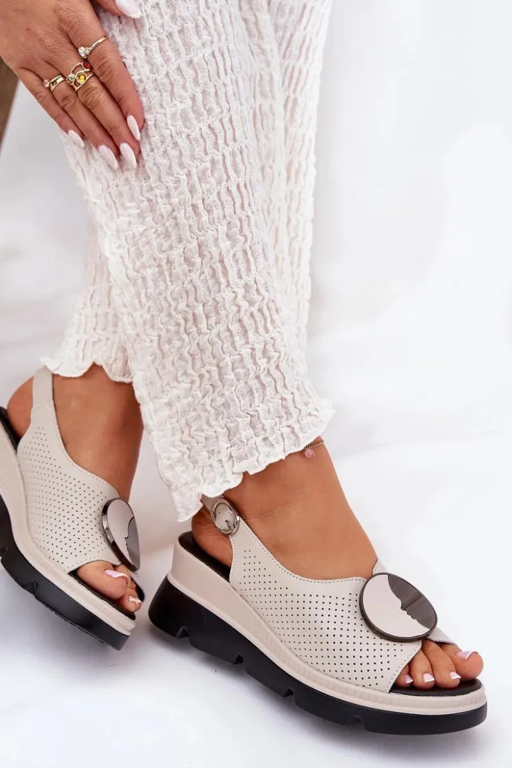 New Damskie buty S.Barski Skórzane Sandały Damskie Na Koturnie Z Ozdobą S.Barski LR51-788 Beżowe