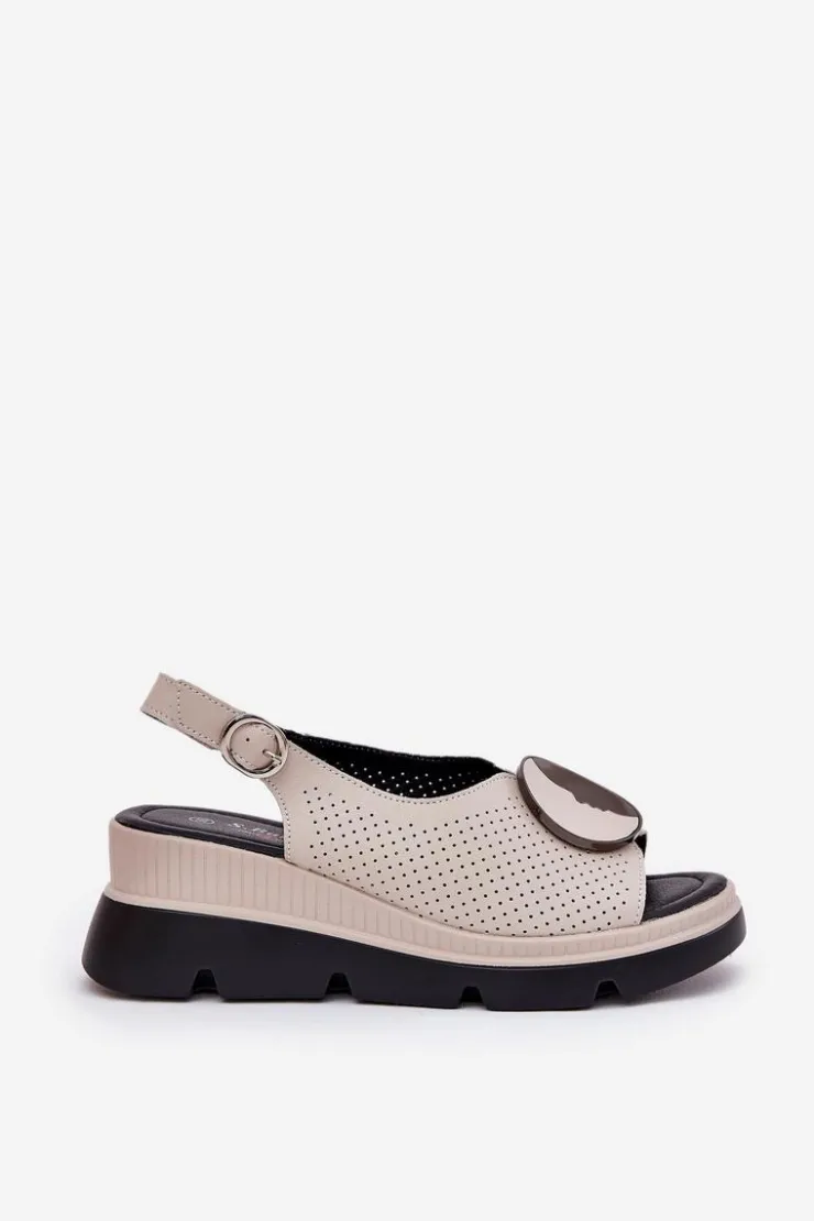 New Damskie buty S.Barski Skórzane Sandały Damskie Na Koturnie Z Ozdobą S.Barski LR51-788 Beżowe