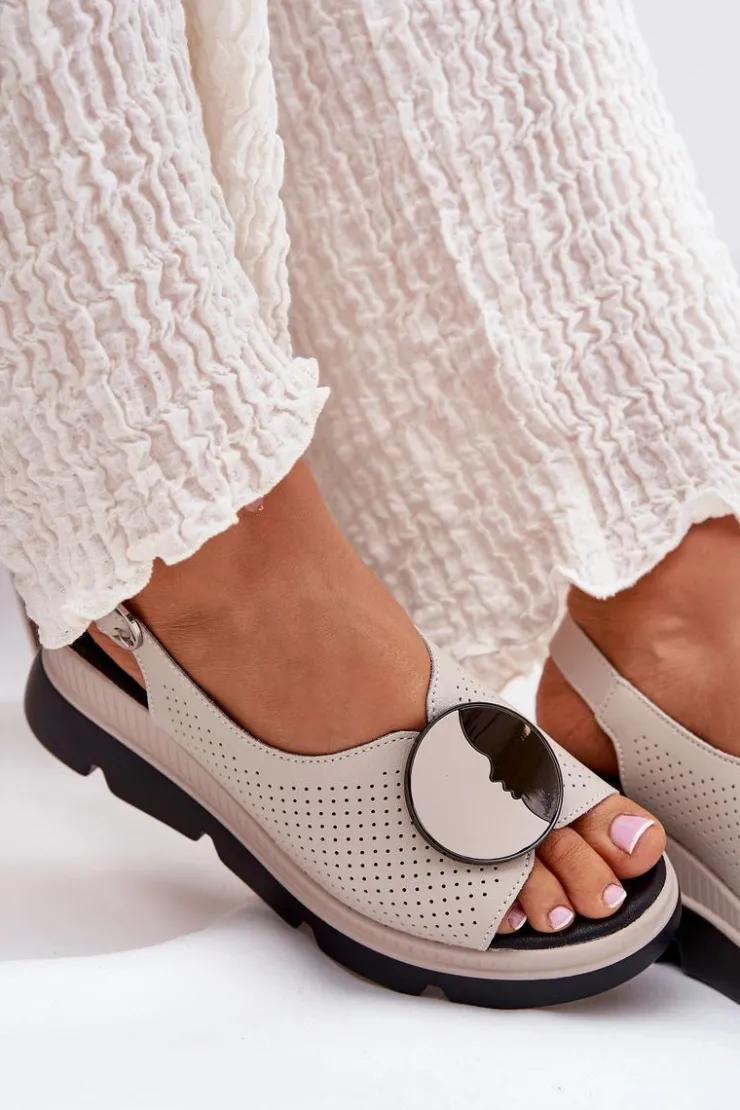 New Damskie buty S.Barski Skórzane Sandały Damskie Na Koturnie Z Ozdobą S.Barski LR51-788 Beżowe