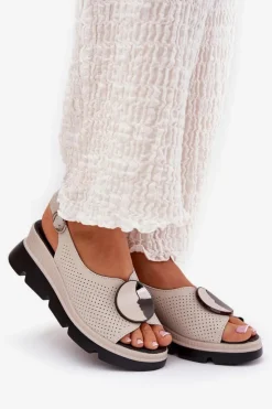 New Damskie buty S.Barski Skórzane Sandały Damskie Na Koturnie Z Ozdobą S.Barski LR51-788 Beżowe