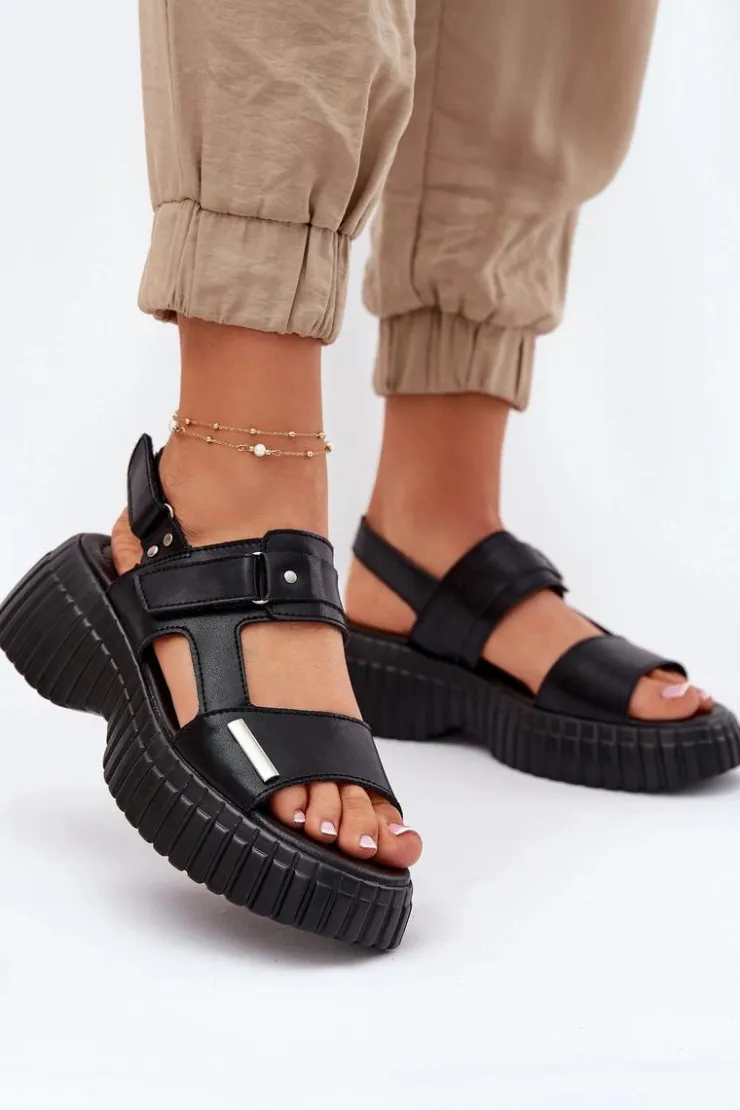 Evento Sandały Płaskie*Skórzane Sandały Damskie Na Platformie Czarne Mertella Czarny