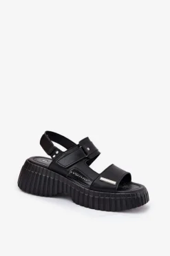 Evento Sandały Płaskie*Skórzane Sandały Damskie Na Platformie Czarne Mertella Czarny