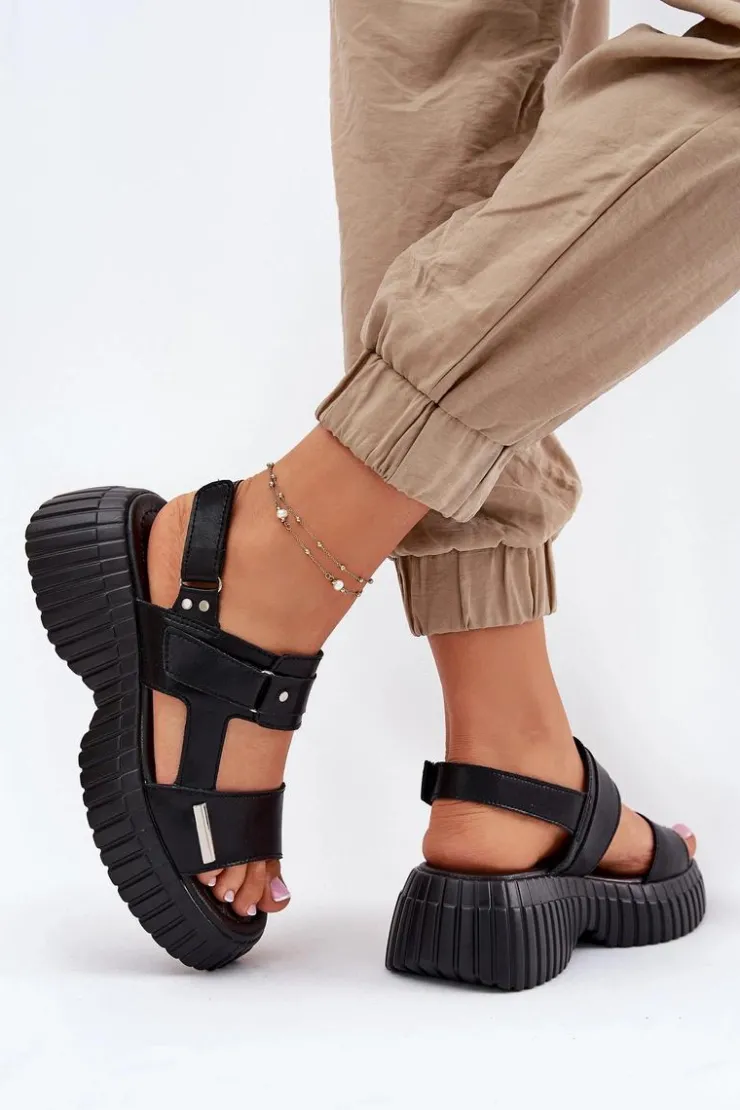 Evento Sandały Płaskie*Skórzane Sandały Damskie Na Platformie Czarne Mertella Czarny