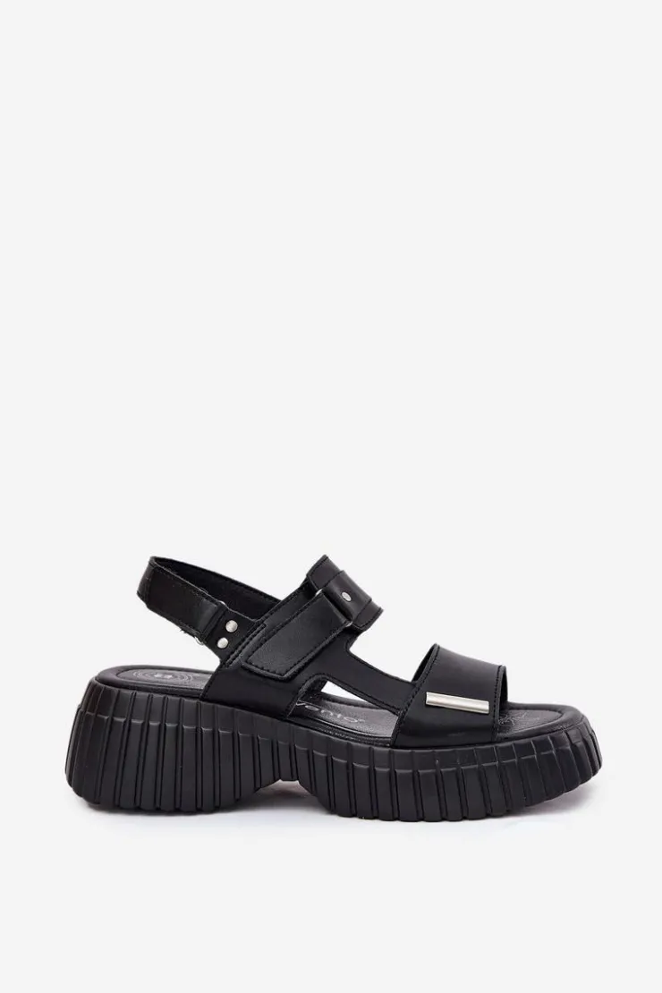 Evento Sandały Płaskie*Skórzane Sandały Damskie Na Platformie Czarne Mertella Czarny