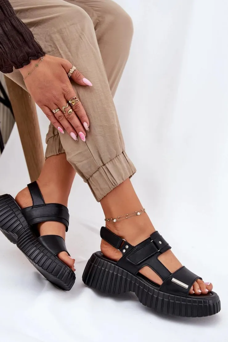 Evento Sandały Płaskie*Skórzane Sandały Damskie Na Platformie Czarne Mertella Czarny