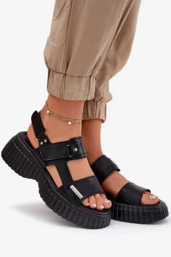 Evento Sandały Płaskie*Skórzane Sandały Damskie Na Platformie Czarne Mertella Czarny