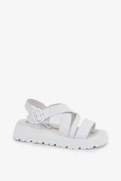 Damskie Evento Skórzane Sandały Damskie Na Platformie Z Klamrą Białe Selianae