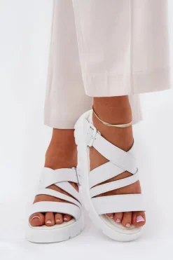 Damskie Evento Skórzane Sandały Damskie Na Platformie Z Klamrą Białe Selianae