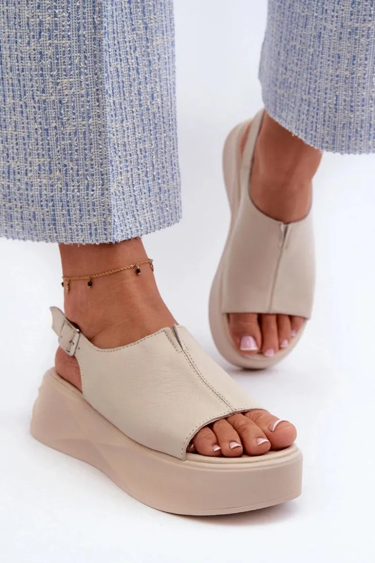 Outlet Damskie buty S.Barski Skórzane Sandały Damskie Na Platformie D&A SJ2301-2 Beżowe