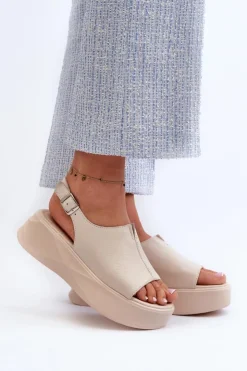 Outlet Damskie buty S.Barski Skórzane Sandały Damskie Na Platformie D&A SJ2301-2 Beżowe