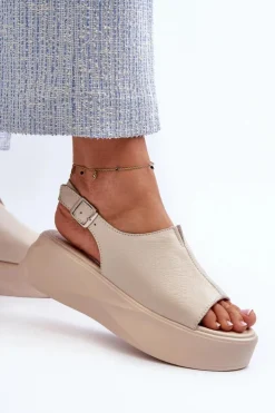 Outlet Damskie buty S.Barski Skórzane Sandały Damskie Na Platformie D&A SJ2301-2 Beżowe