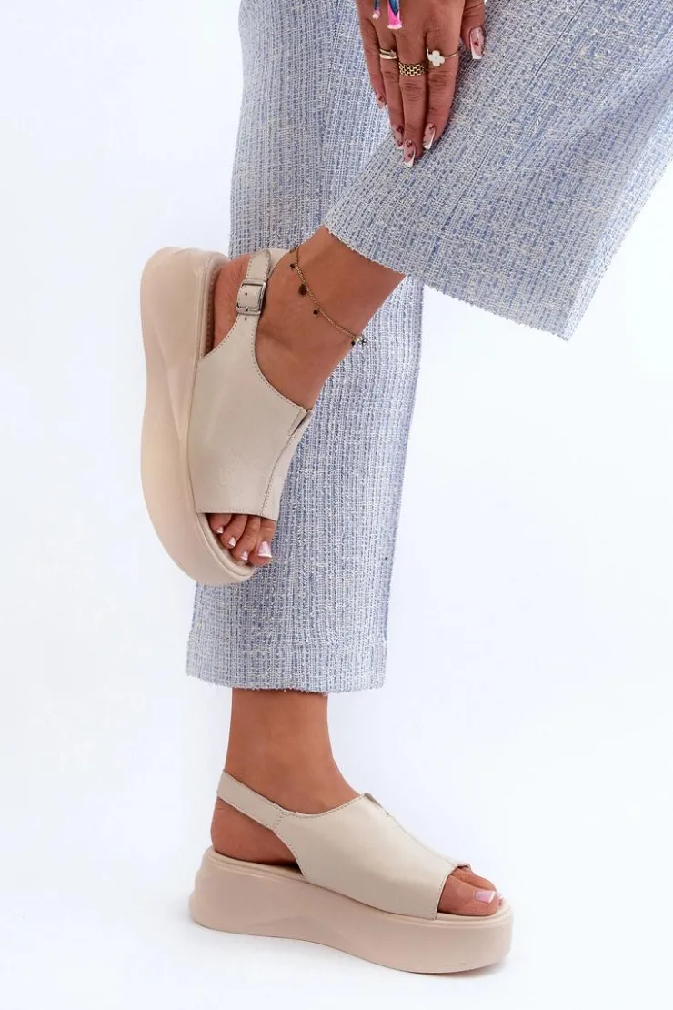 Outlet Damskie buty S.Barski Skórzane Sandały Damskie Na Platformie D&A SJ2301-2 Beżowe