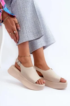 Outlet Damskie buty S.Barski Skórzane Sandały Damskie Na Platformie D&A SJ2301-2 Beżowe