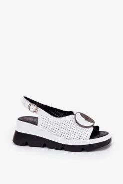 Damskie buty S.Barski Sandały Na Koturnie*Skórzane Sandały Damskie Na Koturnie Z Ozdobą S.Barski LR51-788 Białe