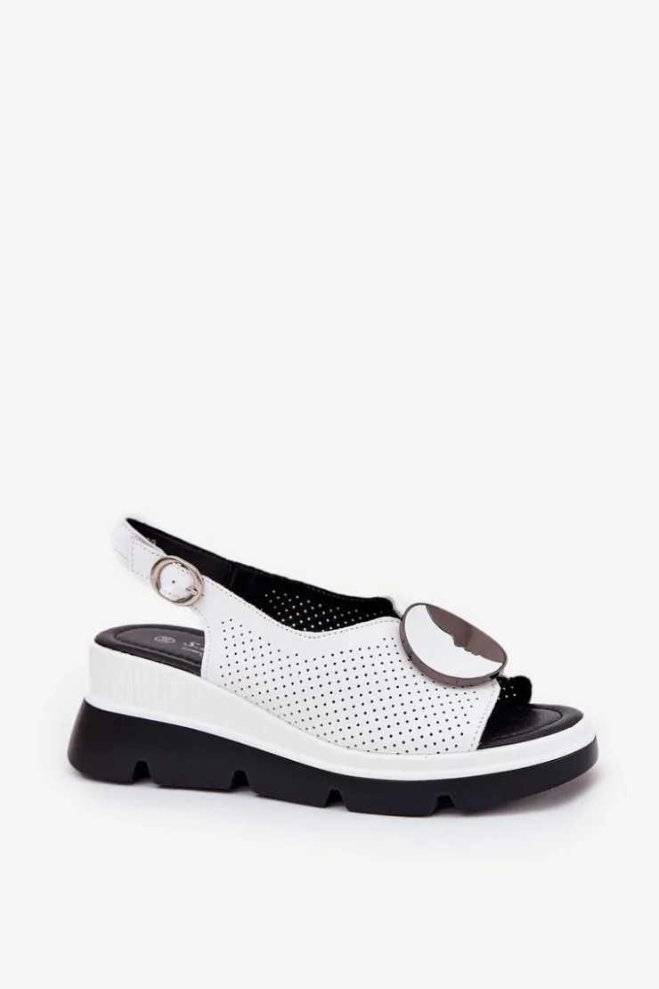 Damskie buty S.Barski Sandały Na Koturnie*Skórzane Sandały Damskie Na Koturnie Z Ozdobą S.Barski LR51-788 Białe