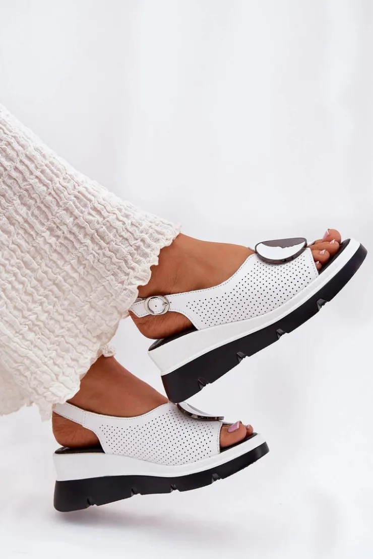 Damskie buty S.Barski Sandały Na Koturnie*Skórzane Sandały Damskie Na Koturnie Z Ozdobą S.Barski LR51-788 Białe