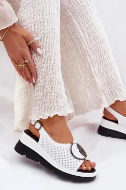 Damskie buty S.Barski Sandały Na Koturnie*Skórzane Sandały Damskie Na Koturnie Z Ozdobą S.Barski LR51-788 Białe