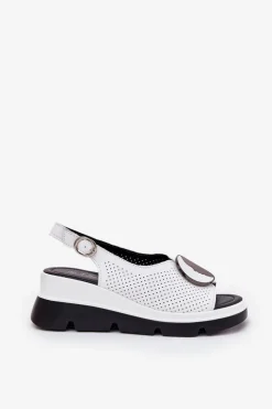 Damskie buty S.Barski Sandały Na Koturnie*Skórzane Sandały Damskie Na Koturnie Z Ozdobą S.Barski LR51-788 Białe