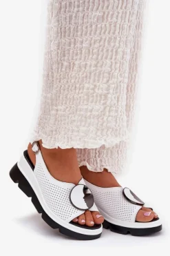 Damskie buty S.Barski Sandały Na Koturnie*Skórzane Sandały Damskie Na Koturnie Z Ozdobą S.Barski LR51-788 Białe