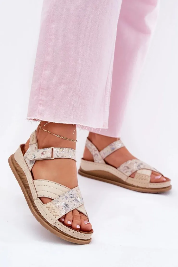 Damskie Maciejka Skórzane Sandały Damskie Na Platformie L7064-37 Ecru