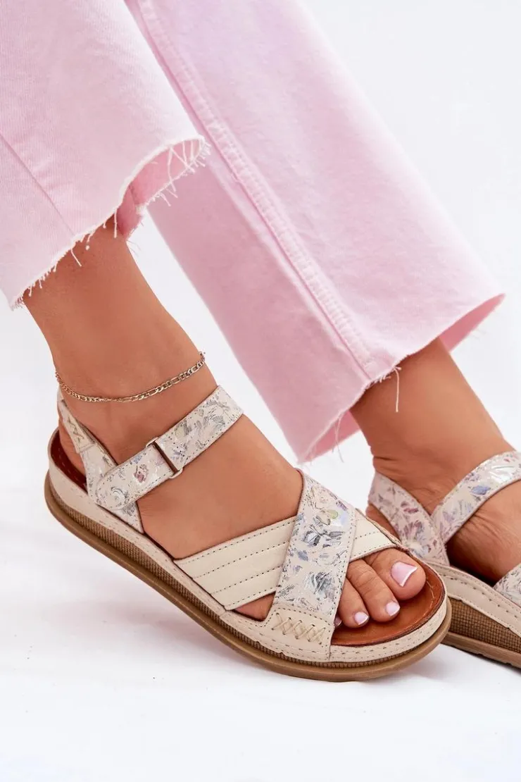 Damskie Maciejka Skórzane Sandały Damskie Na Platformie L7064-37 Ecru