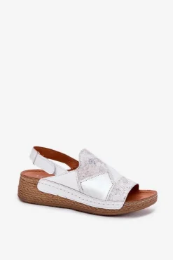 Maciejka Sandały Na Koturnie*Skórzane Sandały Damskie Na Koturnie Z Plecionką L7067-11 Białe Biały