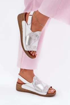 Maciejka Sandały Na Koturnie*Skórzane Sandały Damskie Na Koturnie Z Plecionką L7067-11 Białe Biały