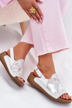 Maciejka Sandały Na Koturnie*Skórzane Sandały Damskie Na Koturnie Z Plecionką L7067-11 Białe Biały