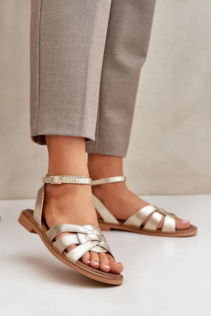 Damskie Boto Skórzane Sandały Damskie Na Płaskim Obcasie Zazoo 3688 Złote