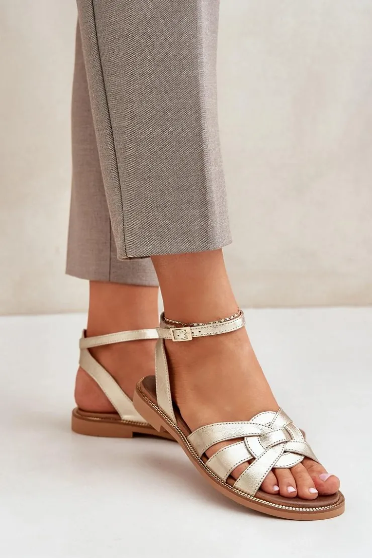 Damskie Boto Skórzane Sandały Damskie Na Płaskim Obcasie Zazoo 3688 Złote